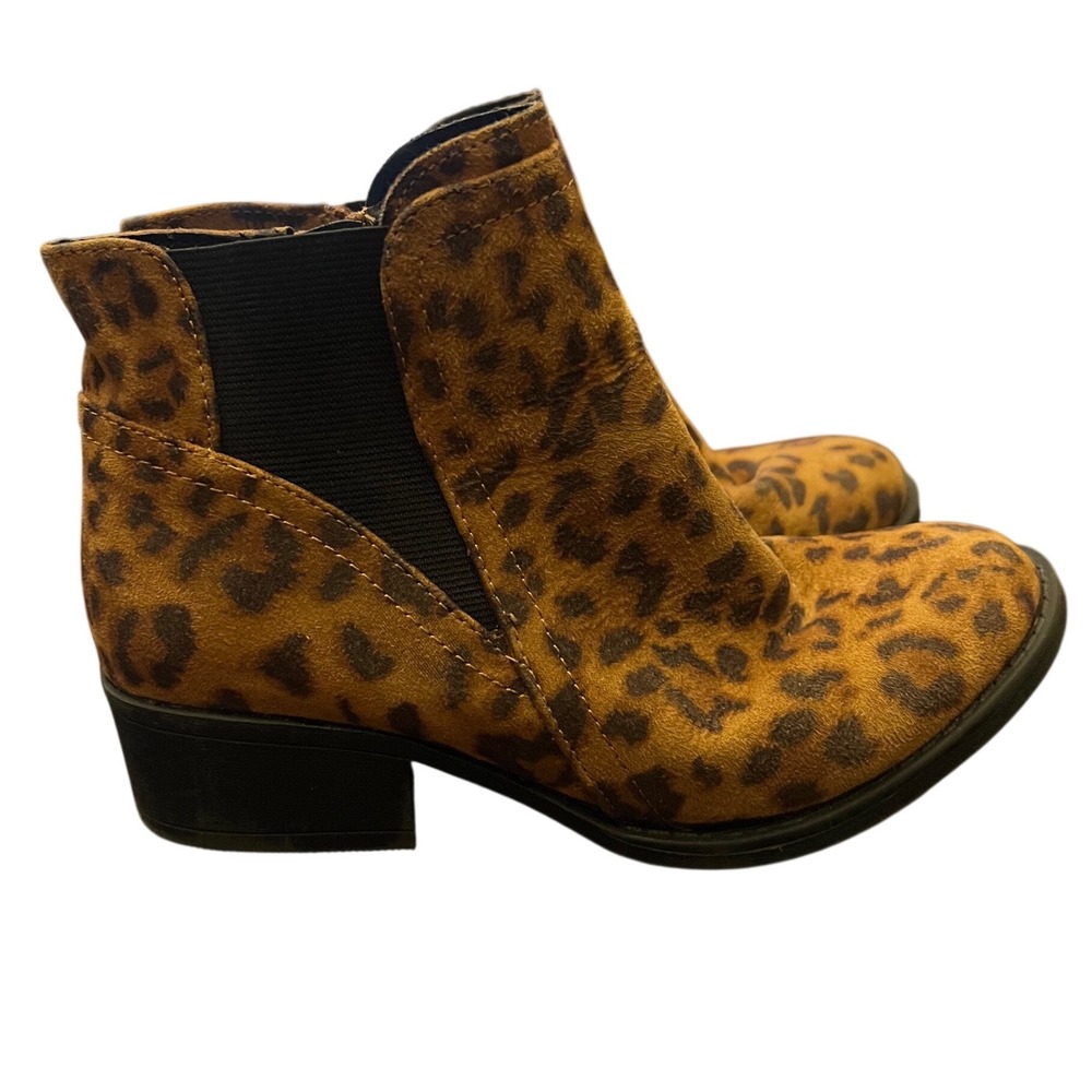 Stevies Kids Leopard Print Faux Suede Ankle Boots Brown Side Zip Size 2 - Picture 2 of 6